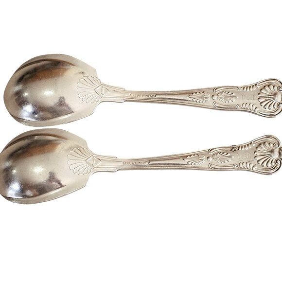 2 Reed Barton Kings Soup Spoons 6" vintage scrolls flourishes no anchor flatware - Picture 6 of 7